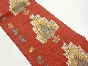 手織り紬木々に幾何学模様織出し名古屋帯